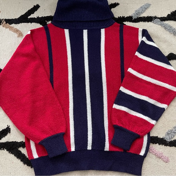 Vintage Sweater Striped Turtleneck Cowl Neck L Red White Blue - Picture 3 of 16